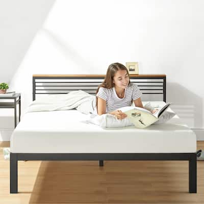 HYLLE Metal Platform Bed w/ Solid Pine Headboard Shelf