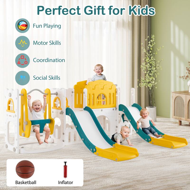 Gymax 10 in 1 Toddler Swing & Slide Set w/Basketball Hoop Telescope