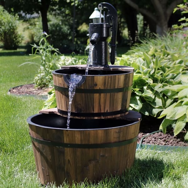 slide 2 of 12, Rustic 2-Tier Wood Barrel w/ Pump Outdoor Water Fountain - 34-Inch