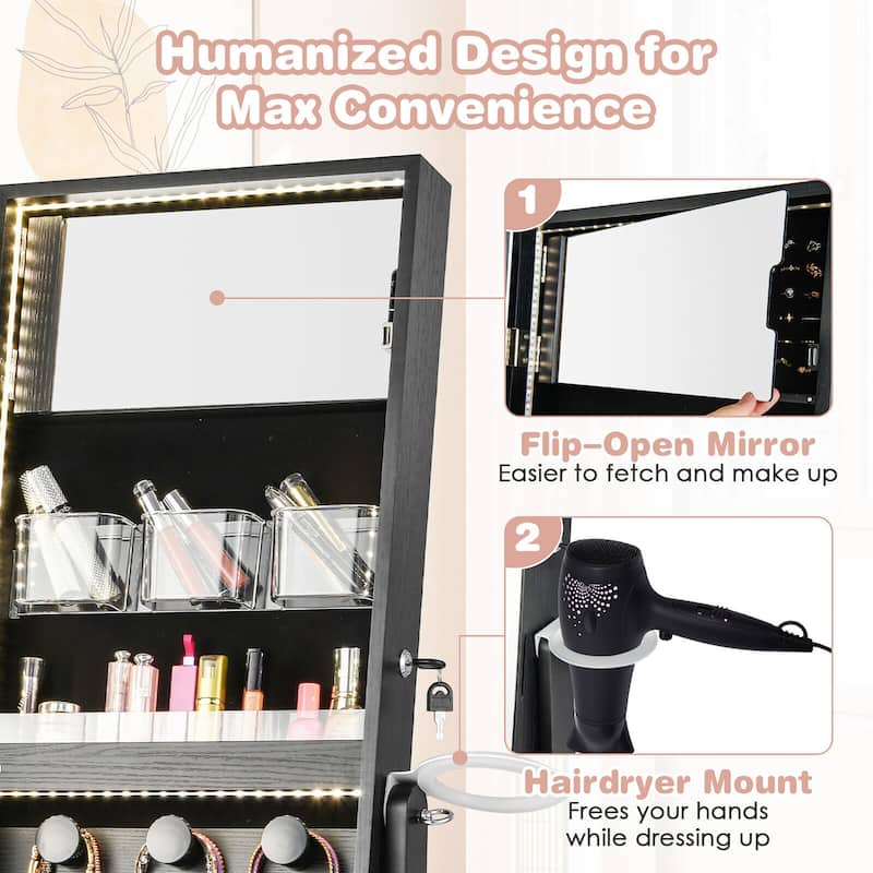 Gymax Standing Jewelry Cabinet Full Length Mirror Lockable w/ 3-Color