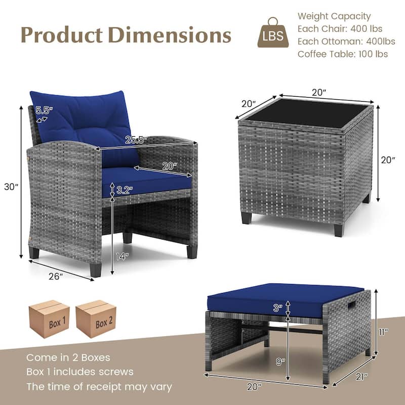 Gymax 5 PCS Rattan Furniture w/ 2 Ottomans & Tempered Glass Coffee