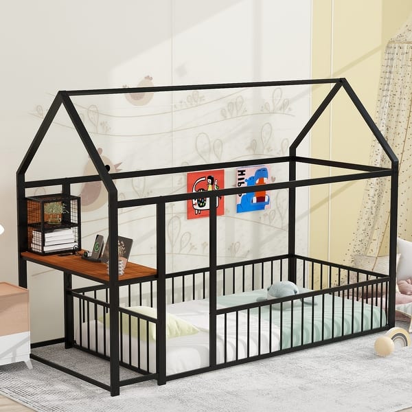 slide 2 of 74, Twin/Full Size Metal House Bed with Desk and Shelves, House Floor Bed Frame with Power Outlets and USB Ports Black - Twin