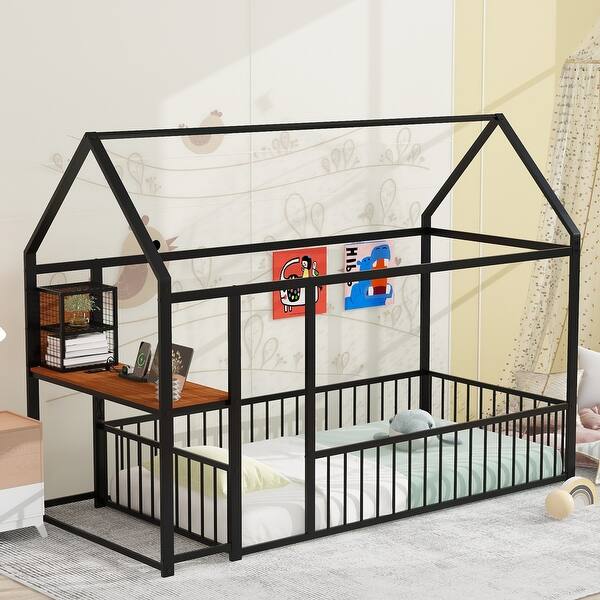 slide 2 of 18, Twin Metal House Bed Frame with Built-In Desk Shelves USB Ports and Power Outlets, Space Saving Study Black