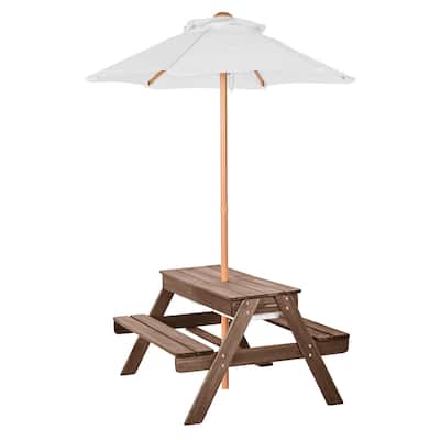 Multifunctional Fir Wood Picnic Table with Bench and Umbrella for Kids Outdoor Play and Dining Use - 35.04” x 31.5” x 20.1”