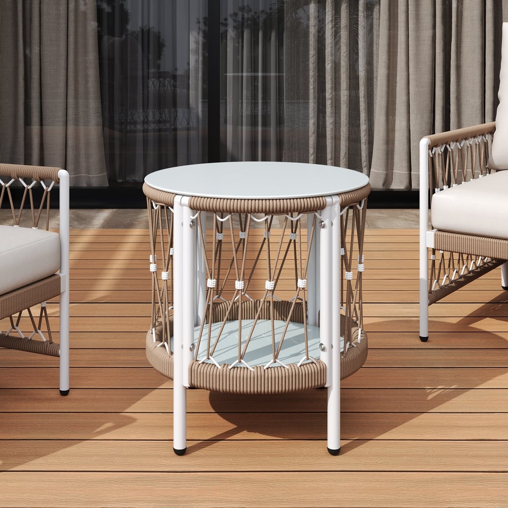 Roomfitters 17.32" Bohemian Outdoor Side Table, Handwoven Rope Patio End Table with Glass Top and Steel Frame, Beige