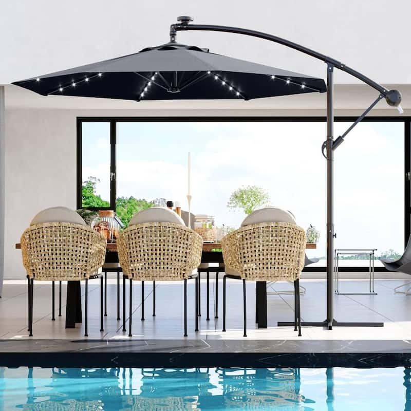 10FT Patio Outdoor Offset Umbrella with Lights for Deck Poolside Lawn Backyard