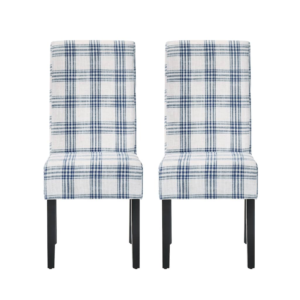Cini Dining Side Chair Set of 2, Blue Cream Fabric, Black Wood Legs
