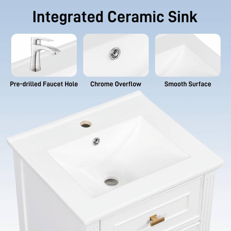 20" Bathroom Vanity, Sink with Solid Wood Legs, Adjustable Shelf, Tilt-Out Drawer