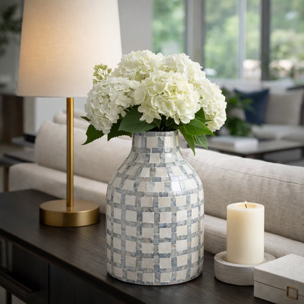 Mosaic Capiz Vase with Checkered Pattern - Tall Flower Vase