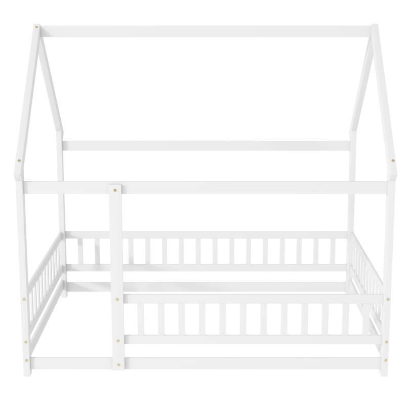 Full Size Wooden House Floor Bed with Roof Frame and Safety Guardrails, White