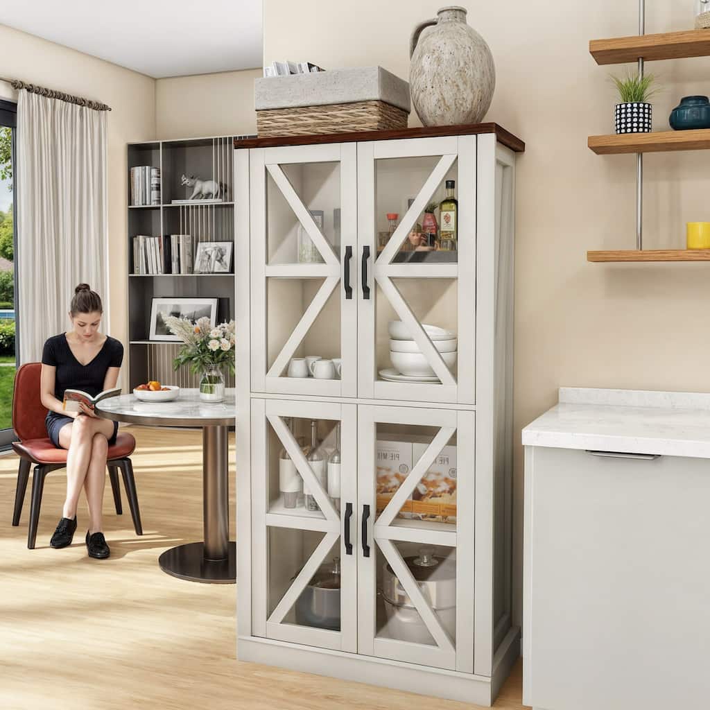 Moasis 65-inch Tall 4 Tiers Large Kitchen Storage Pantry Cabinet with Glass Doors