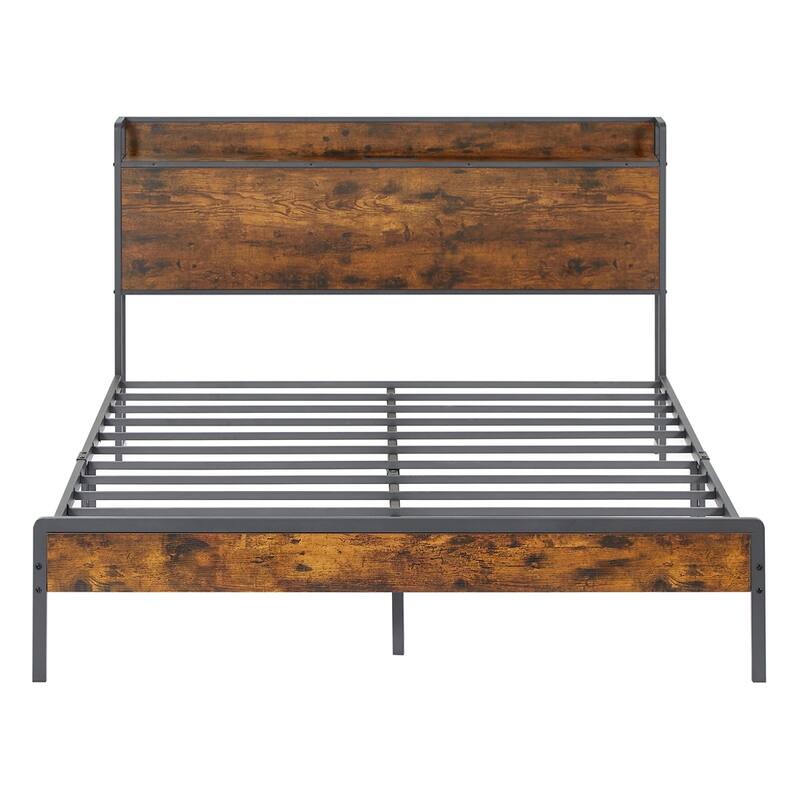 Metal Bed Frame with Charging Station and Slats