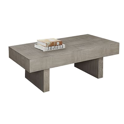 Lezy Coffee Table, 52 Inch, Gray Oak Wood Top, Double Pedestal Base