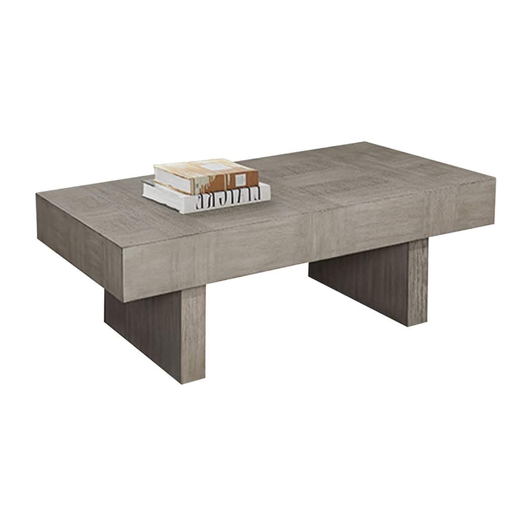 Lezy Coffee Table, 52 Inch, Gray Oak Wood Top, Double Pedestal Base