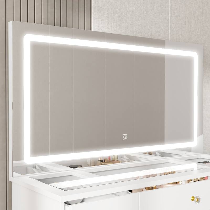 LED Lighted Makeup Vanity w/10 Drawer Modern Dressing Table for Bedroom Glass Top Vanity Table