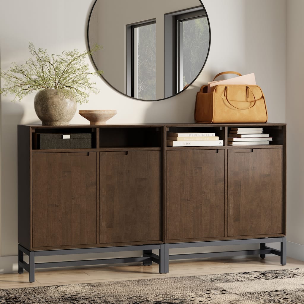 Simpli Home Banting Solid Wood 36 inch Storage Cabinet in Walnut Brown (Set of 2) - 14" D x 36" W x 39" H