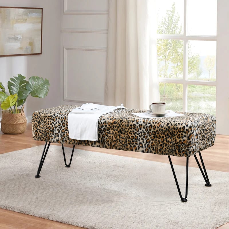 Home Soft Things Animal Pattern Ottoman Bench with Black Metal Legs