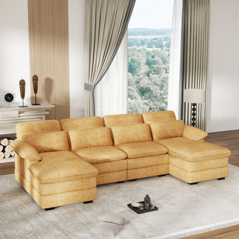 U-Shaped 111.8" Cloud Combo Sofa 4-Seater Chenille Fabric Sofa with Arms
