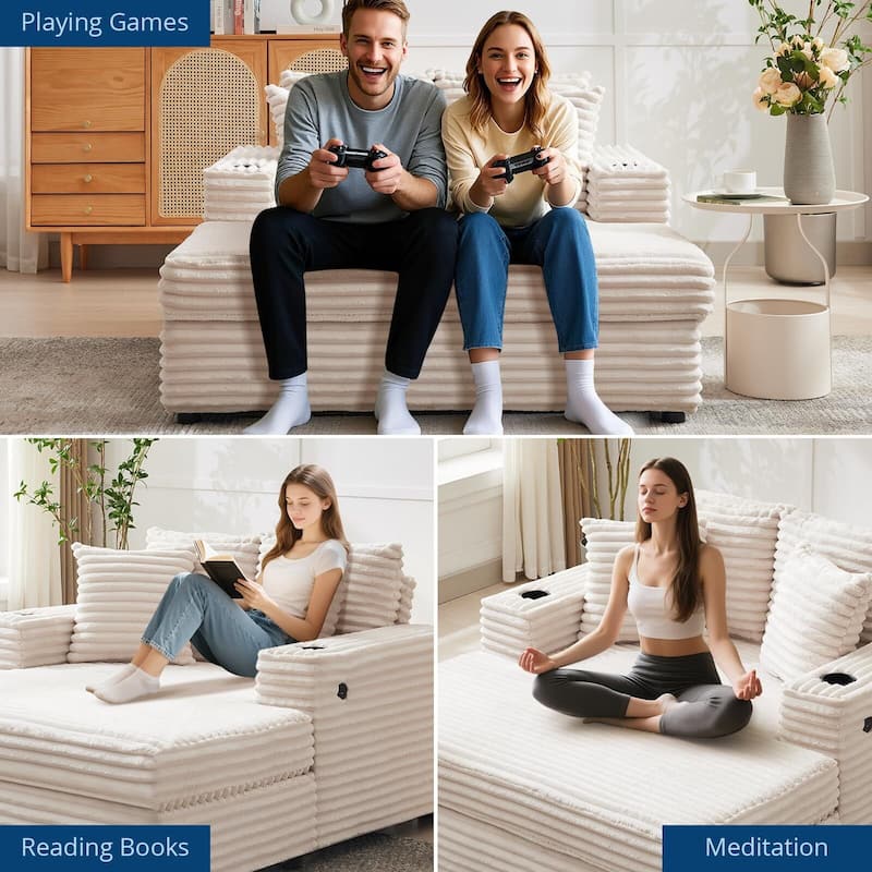60 Inch Upholstered Sofa Bed with Throw Pillows and Armrests, Comfy Corduroy