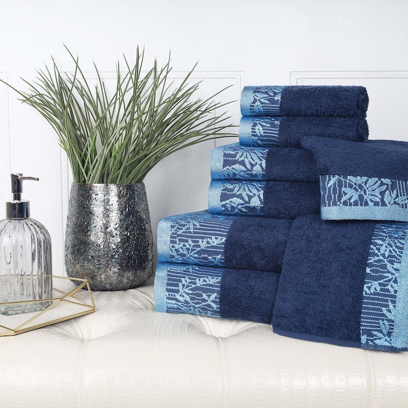 Superior Wisteria Cotton Floral Jacquard 8 Piece Bathroom Towel Set - Navy Blue