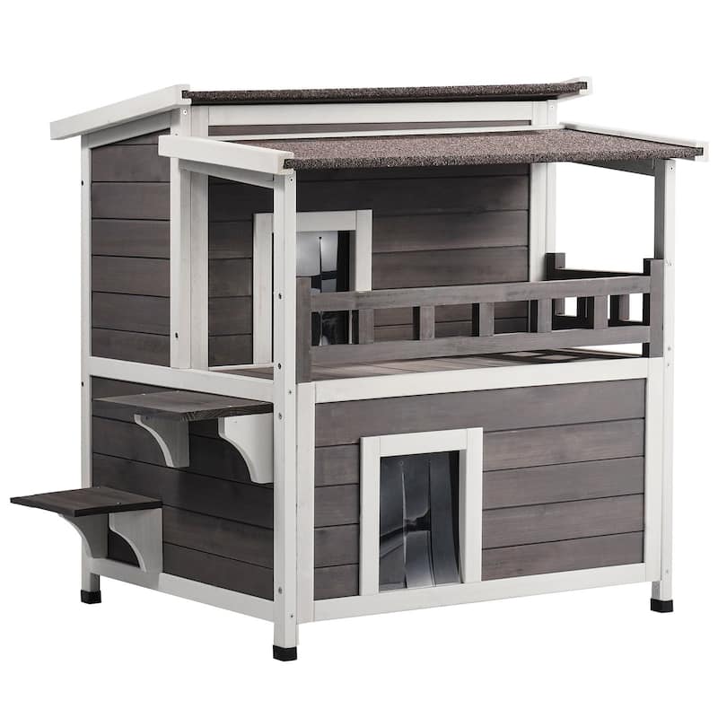 Grey Wooden Outdoor Double Layer Cat House with Jumping Platform and Asphalt Roof - 30” x 30” x 32”