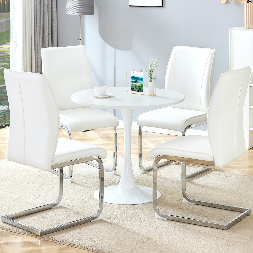 Modern Dining Table Set with Circular White Top, Ergonomic Arched Chairs, Hourglass Metal Legs, Anti-Slip Feet
