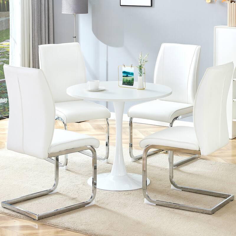 Roomfitters 5pcs Small Round Dining Table Set with PU Upholstered Chairs and Arched Silver Metal Legs
