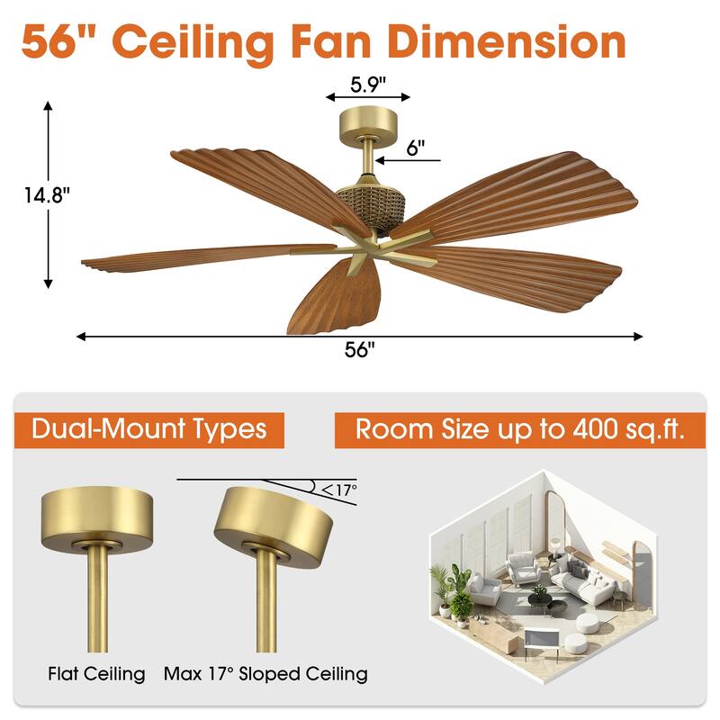 56" Brown Tropical Pleated Leaf 5-Blade Indoor Outdoor Ceiling Fan with Remote, No Light