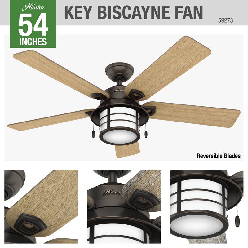 Hunter 54" Key Biscayne Outdoor Ceiling Fan with LED Light Kit and Pull Chain, Damp Rated