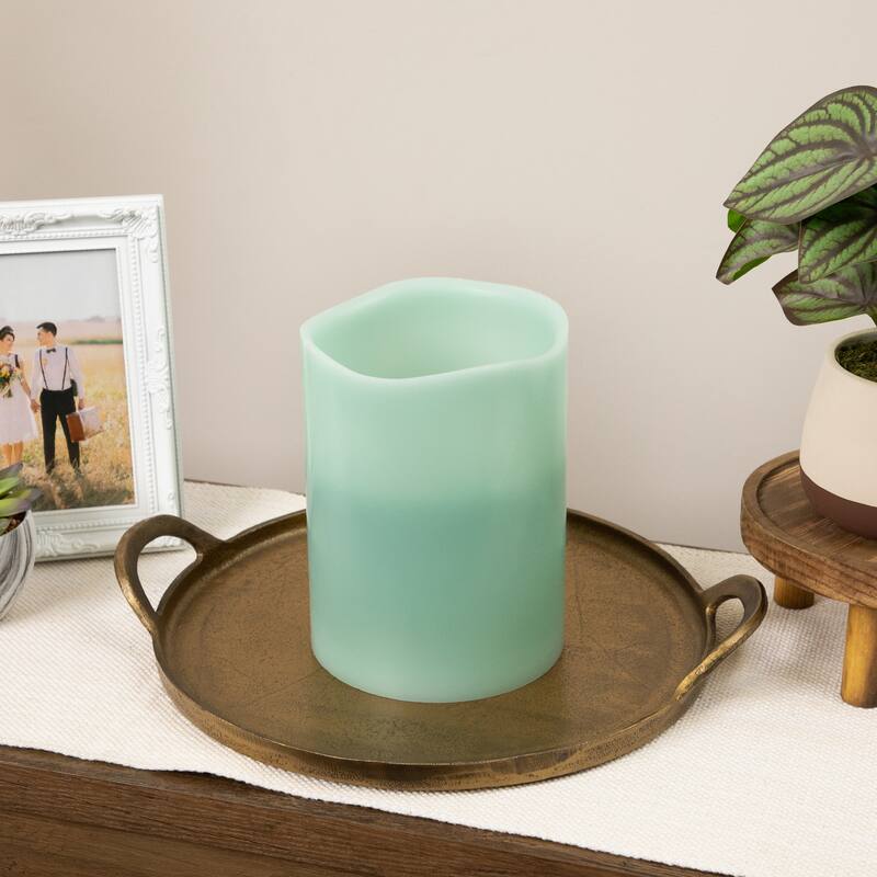 8" Sage Green B/O Flameless LED 3-Wick Flickering Wax Pillar Cle