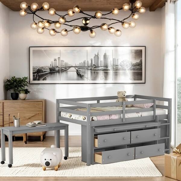 slide 2 of 13, Twin Size Wooden Loft Bed with Lateral Portable Desk and Shelves Grey