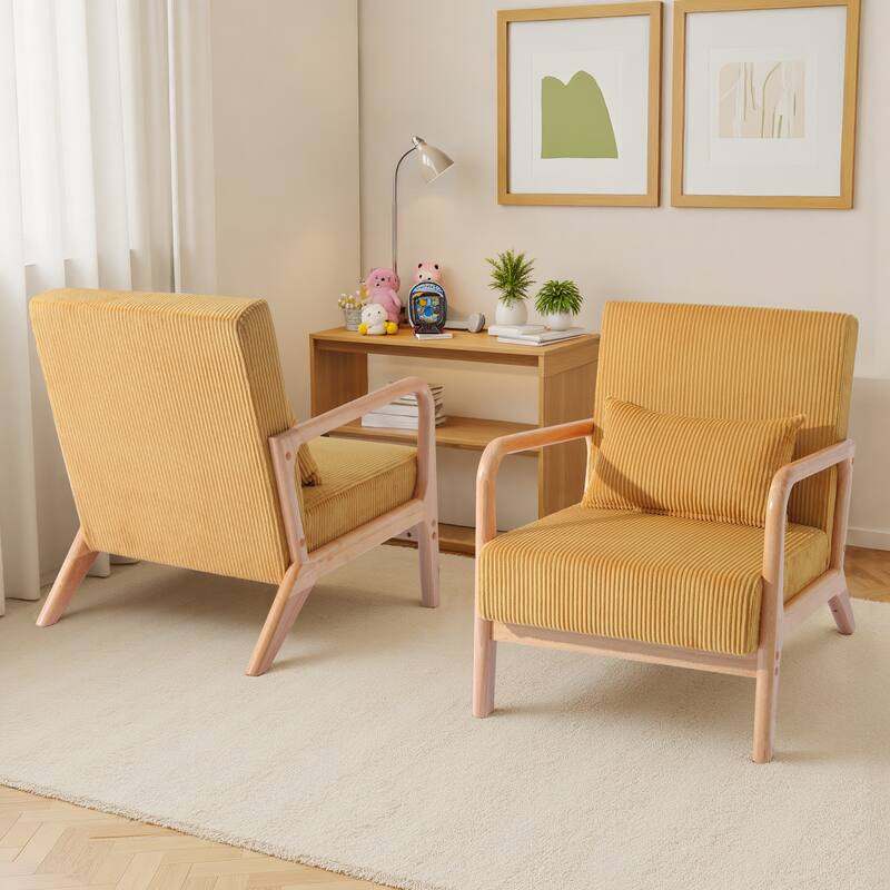 25" W Mid Century Upholstered Wood Accent Chair with Pillow set of 2