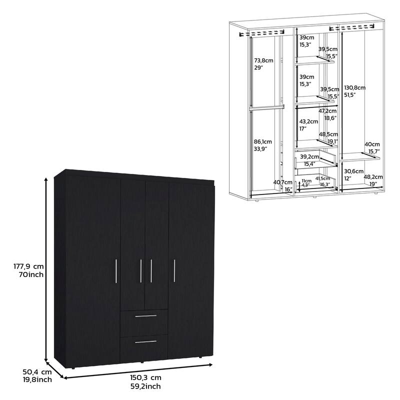 19.8" Modern Four-door Armoire with Multiple Storage Options and Metal Accents