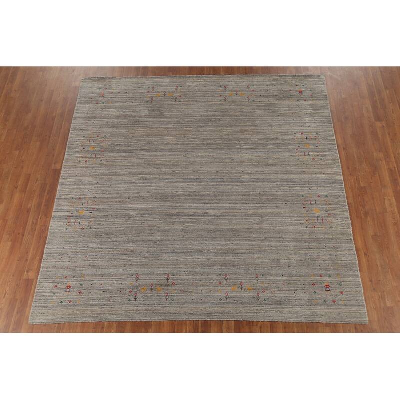 Striped Tribal Gabbeh Indian Square Area Rug Hand-Knotted Wool Carpet - 8'0"x 7'11"