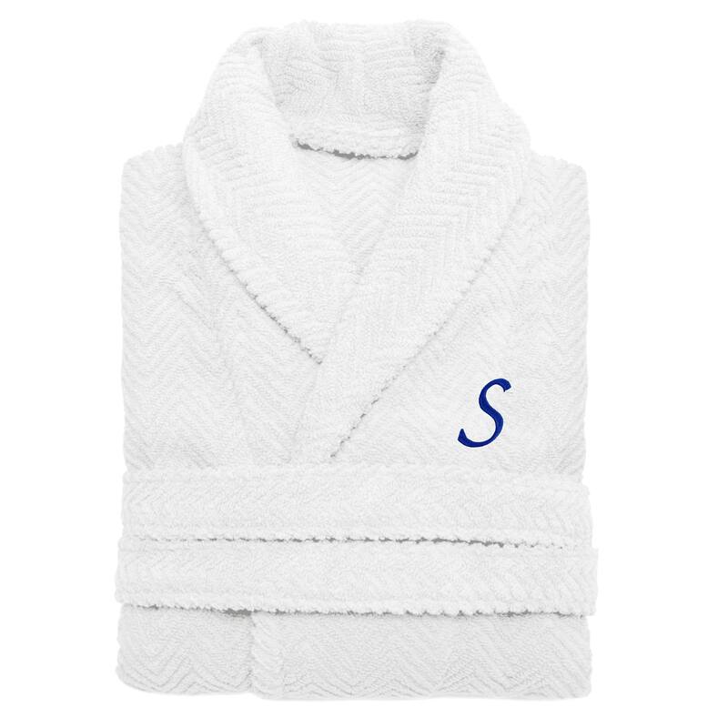 Authentic Hotel and Spa White with Royal Blue Monogrammed Herringbone Weave Turkish Cotton Unisex Bath Robe - S/M - S