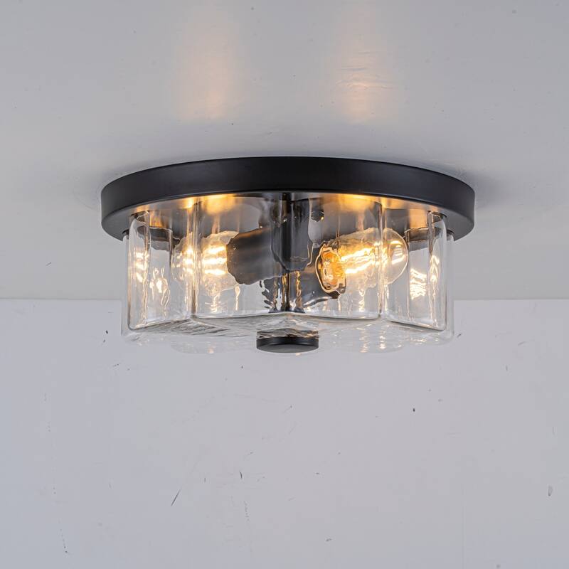 2-light Modern Farmhouse Matte Black Flush Mount Ceiling Light with Clear Flower-Shaped Glass Shade