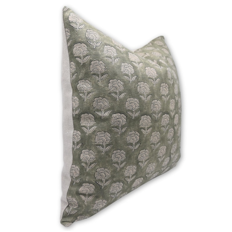 Fabdivine Vintage Floral Throw Pillow Cover for Farmhouse Style Sofa or Bench Green Hand Block Print Thick Linen, Rohini