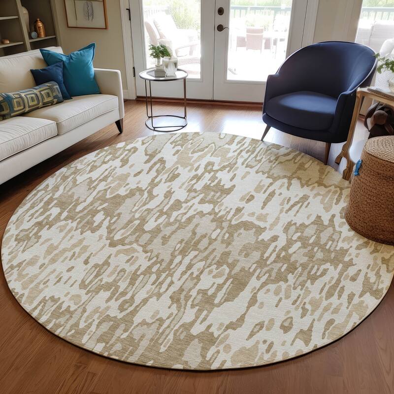 Machine Washable Indoor/ Outdoor Modern Watercolor Chantille Rug - Ivory - 8' x 8'