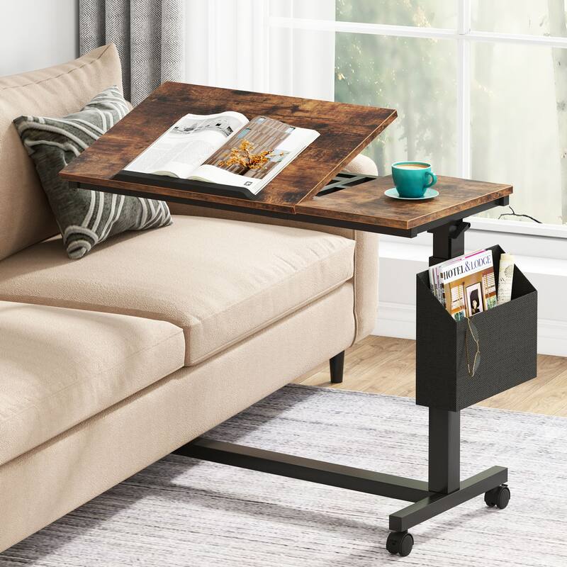 Adjustable C Shaped End Table with Tiltable Drawing Board - Rustic Brown