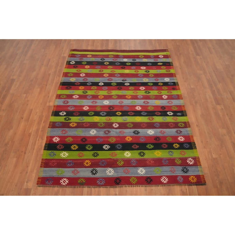 Hand Woven Oriental 100% Wool Carpet Southwestern Tribal Multi-Colored Kilim Area Rug - 6' 10'' X 5' 5''