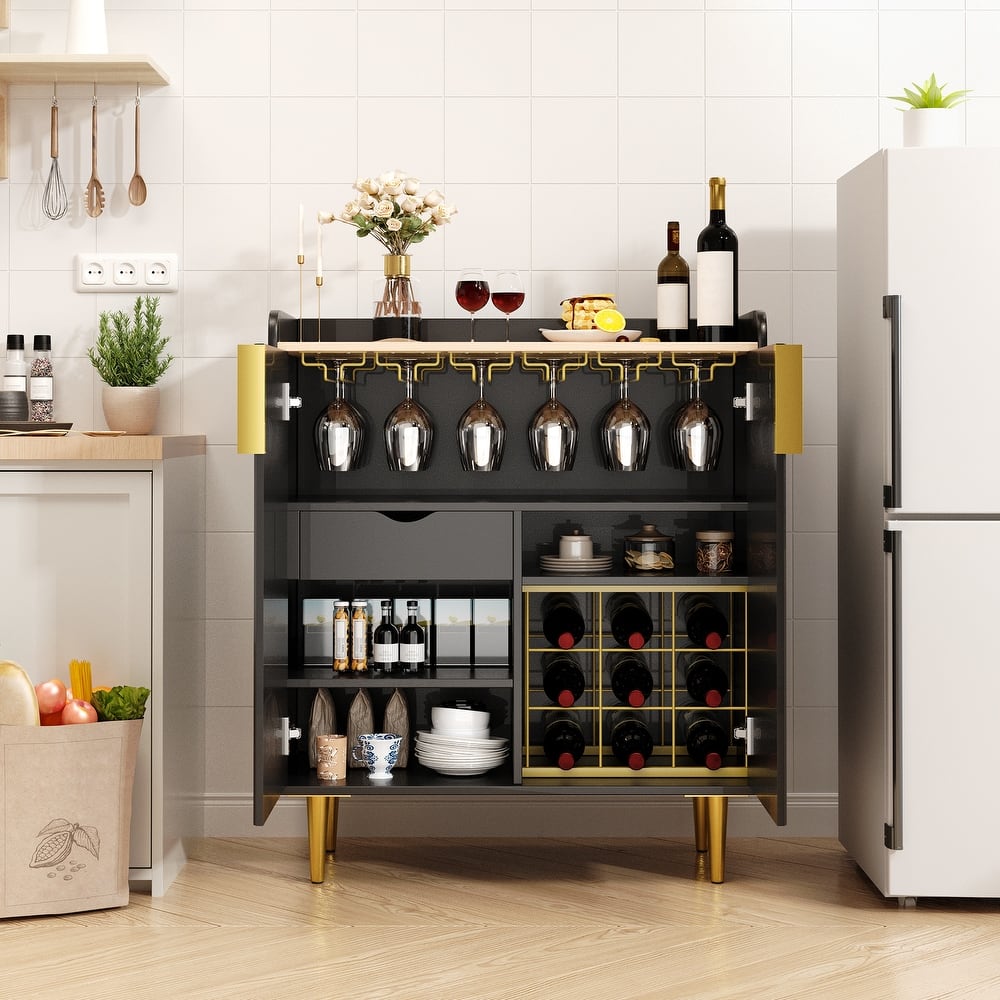 31.5" Fluted Bar Cabinet with Wine Rack & Glass Holder - Modern Black and Gold Coffee Bar, Kitchen Buffet with Storage Drawer