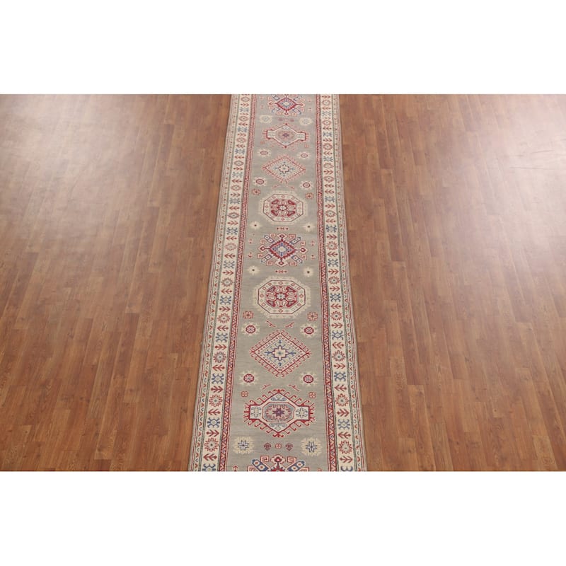 Geometric Kazak Runner Rug Hand-Knotted Grey Wool Carpet - 2'9" x 19'7"