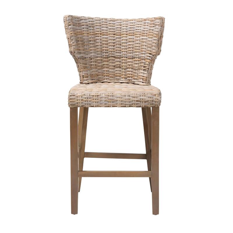Enver Modern Bohemian Grey Kubu Rattan and Mahogany Wood Counter Stool