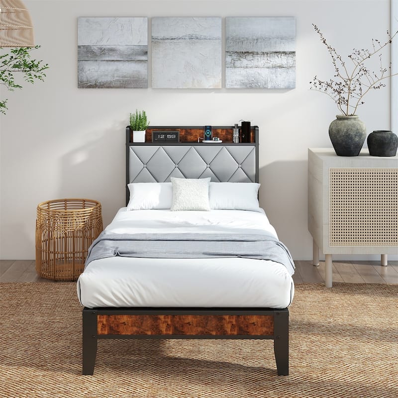 King Size Bed Frame with Charging Station and Storage Shelf, Metal Platform Bed with Headboard, No Box Spring Needed