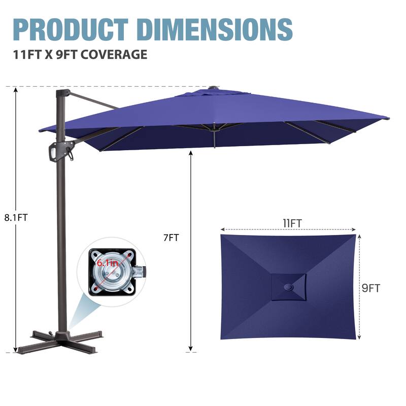 VredHom Patio Outdoor 9 FT x 11 FT Cantilever-Offset Umbrella with No Base