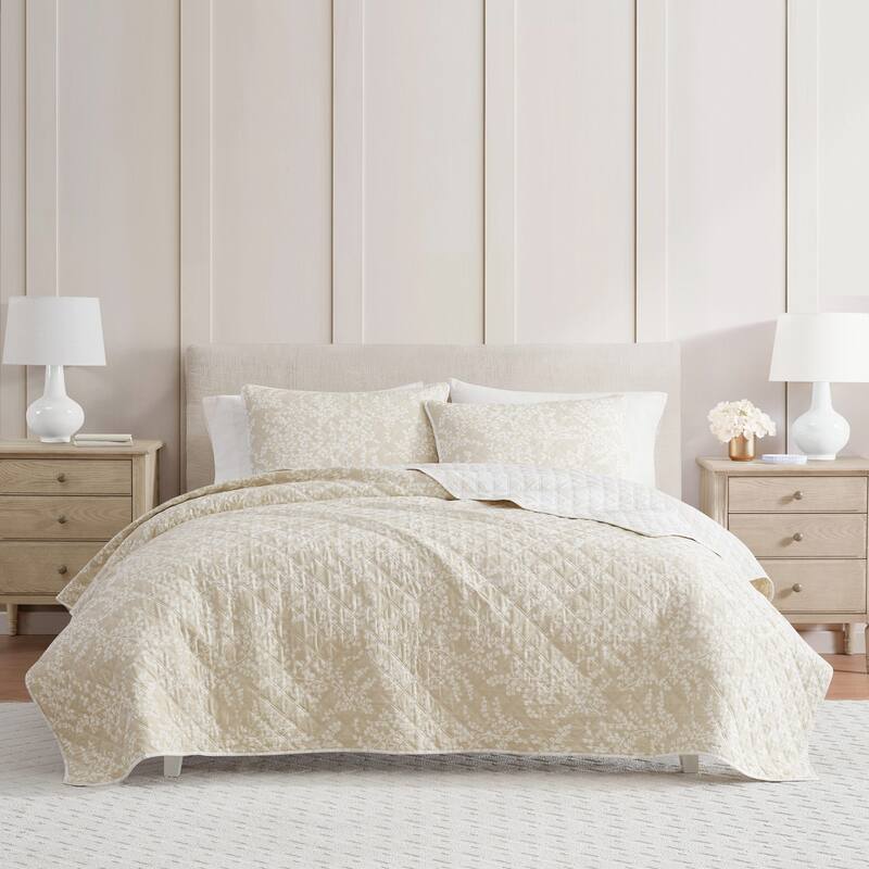 Martha Stewart Layered Branches Cotton Reversible Beige Quilt Set