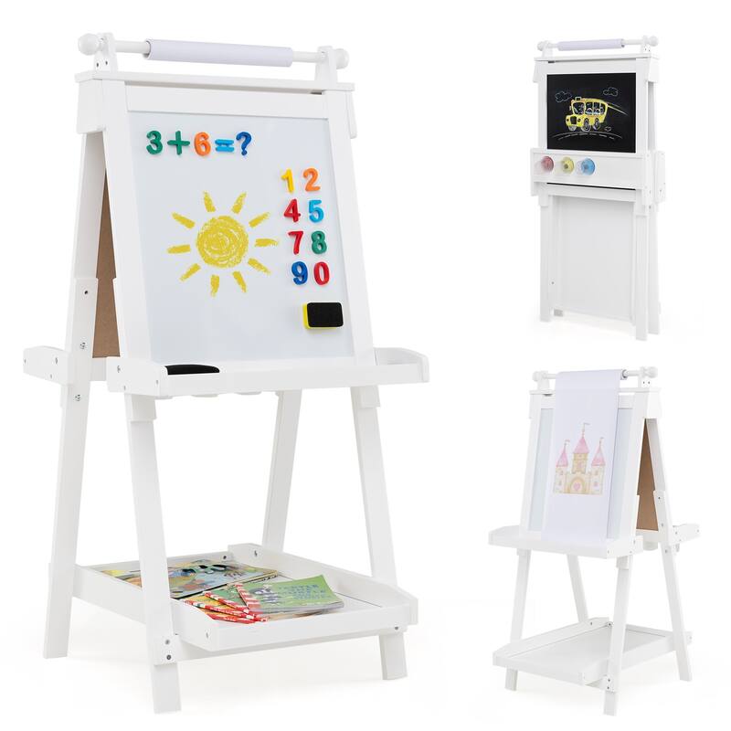 Kids Adjustable Art Easel with Chalkboard Whiteboard Paper Roll and Storage Folding Wooden Drawing Board - 21.5" x 26" x 42" - White