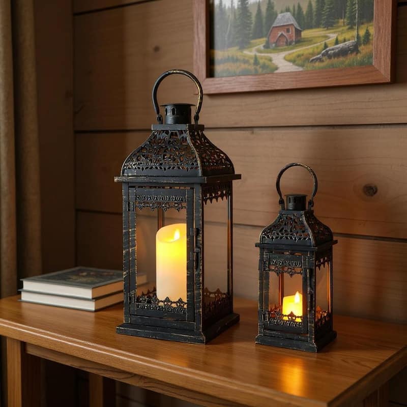 Set of Two Black Distressed Filigree Metal Tabletop Lantern Candle Holders - Black