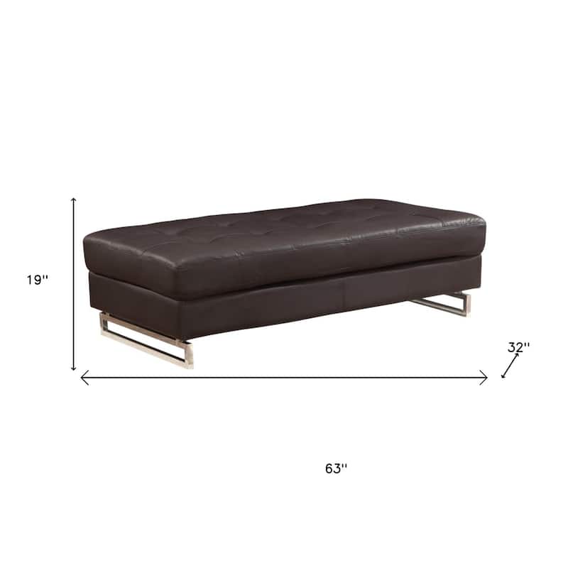 HomeRoots 63" Brown and Silver Faux Leather Tufted Ottoman