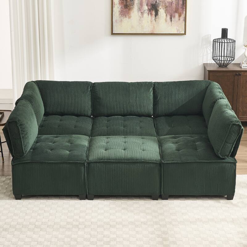 121.26" Corduroy Modular Sectional Sofa 6- Seat U Shaped Couch with Reversible Chaise and Ottoman
